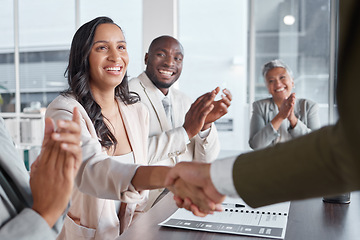 Image showing Business people, shaking hands and success meeting with support and applause, hiring or onboarding for team. Collaboration, handshake and congratulations, promotion and achievement in happy diversity