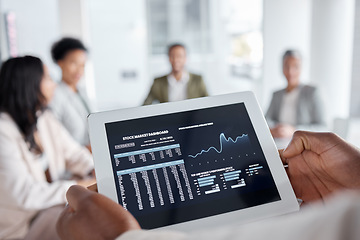 Image showing Tablet in hands, screen and stock market dashboard, statistics with data analytics, business people in meeting and graph. Trading, closeup and digital device with analysis, information and fintech