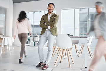 Image showing Busy office, portrait and proud man with business leadership, employee management and workspace confidence. Happy professional worker, manager or asian person arms crossed in startup job or career