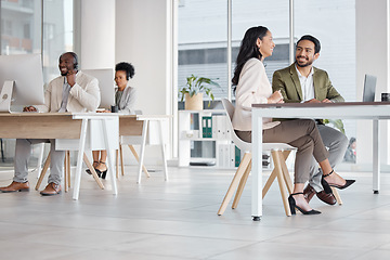 Image showing Call center, office and business people talking, speaking or communication in workplace. Telemarketing, happiness and group, man and woman or consultants in discussion for customer support in company