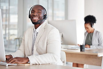 Image showing Portrait, call center and black man consulting for crm, telemarketing and customer service with a smile. Happy, face and male consultant in office for online help, support and faq or contact us