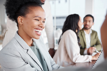 Image showing Business, employee and black woman with smile, planning and meeting for startup, profit growth and share ideas. African American female leader, consultant or worker with happiness, success and joyful