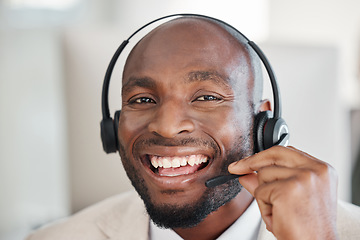 Image showing Callcenter consultant, black man and CRM, face and happiness, phone call and contact us. Portrait, telecom and male with smile, customer support or telemarketing with agent and help desk employee