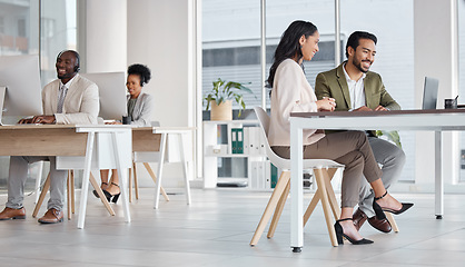 Image showing Call center, laptop and business people in office, teamwork or talking in workplace. Telemarketing, computer and happiness of group, man and woman or sales agents for customer support in company.