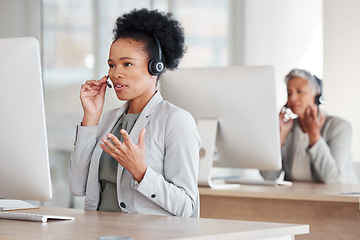 Image showing Callcenter consultant, black woman and CRM, phone call and talking, communication and contact us. Conversation, telecom and female, customer support or telemarketing with agent and help desk employee