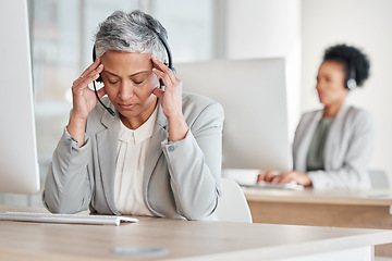 Image showing Tired call center woman with headache, fatigue and pain on computer customer support, telecom working or virtual help desk. Burnout agent, stress consultant or manager person with migraine at office