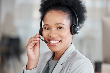 Image showing Callcenter consultant, black woman and CRM, smile in portrait with phone call, communication and contact us. Happy female, telecom with customer support or telemarketing, agent and help desk employee