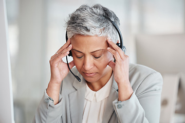 Image showing Callcenter consultant, woman with headache, stress and fatigue with CRM and contact us. Senior female, burnout and crisis with customer support or telemarketing, agent with migraine and help desk