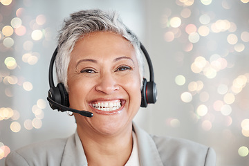 Image showing Senior woman, call center and face, happy with contact us and CRM, consultant in portrait with headset and smile. Professional success, female and customer service agent on background with bokeh