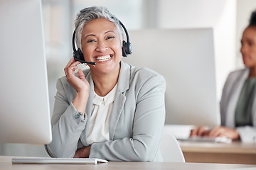 Image showing Call center, portrait and happy woman agent, consultant or indian worker in telemarketing service or technical support. Face of telecom, virtual communication or web help desk person on workspace PC