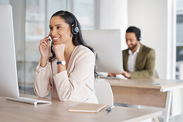 Image showing Call center, team and woman consulting for crm, telemarketing and customer service with a smile. Happy, workforce and lady consultant in office for online help, support, faq or contact us for advice