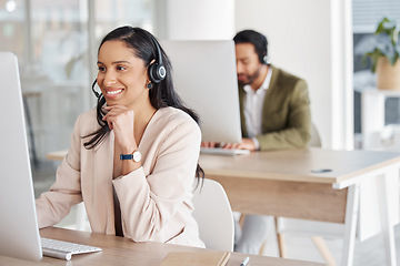 Image showing Call center, woman and team consulting for crm, telemarketing and customer service with a smile. Happy, workforce and lady consultant in office for online help, support, faq or contact us for advice