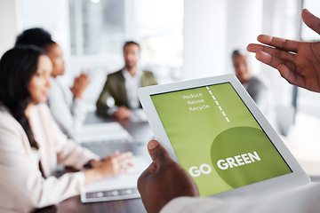 Image showing Go green, business meeting and people on tablet screen for sustainable project, eco friendly investment and growth. Paperless or vegan presentation, sustainability and man speaker speaking to clients