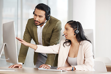 Image showing Call center, training and business people teamwork, technical support or telemarketing advice, help or strategy. Professional consulting, review or feedback manager, consultant or woman on computer