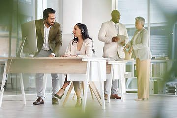 Image showing Call center team, training with consultant and mentor, CRM and contact us with happy people collaboration. Customer service, telemarketing and tech support with man and woman together at computer