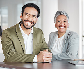 Image showing Business people, portrait smile and partnership at office for corporate leadership or management. Happy asian businessman and woman CEO smiling in teamwork, success or career ambition at workplace