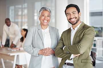 Image showing Business people, portrait smile and arms crossed in partnership at office for corporate leadership. Happy asian businessman and woman CEO smiling in teamwork, success or career ambition at workplace