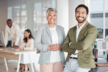 Image showing Business people, portrait smile and leadership at office for corporate partnership or management. Happy asian businessman and woman CEO smiling in teamwork, success or career ambition at workplace