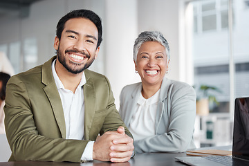 Image showing Business people, portrait smile and management at office for corporate leadership or partnership. Happy asian businessman and woman CEO smiling in teamwork, success or career ambition at workplace