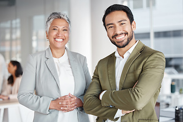 Image showing Business people, portrait smile and team partnership at office for corporate leadership or management. Happy asian businessman or woman CEO smiling in teamwork success or career ambition at workplace