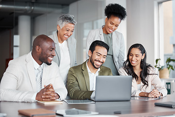 Image showing Business people, laptop and meeting in teamwork, collaboration or corporate webinar at the office. Happy diverse group of employees working on computer together for team conference at the workplace