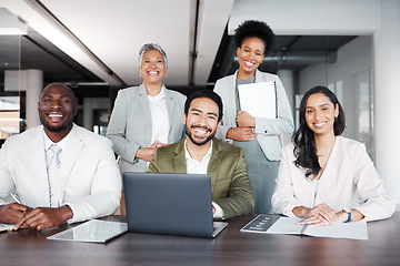 Image showing Business people, portrait smile and team collaboration in meeting strategy or planning at office. Diverse group of happy employees working together in teamwork for corporate plan or goal at workplace