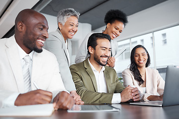 Image showing Business people, laptop and meeting in team collaboration or corporate webinar at the office. Happy diverse group of employees working on computer together for teamwork in conference at the workplace