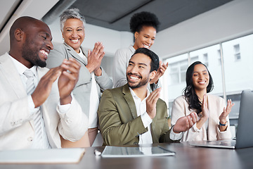 Image showing Business people, laptop and clapping hands in meeting for proposal, logo or reveal in office. Team, applause and corporate success by group celebrating achievement, project and job well done together