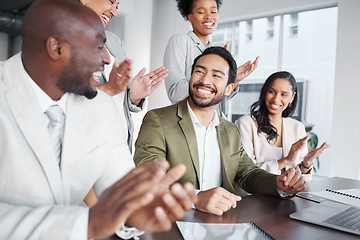 Image showing Clapping, laptop and business people in meeting for proposal, logo or reveal in office. Team, applause and corporate success by group celebrating achievement, project and job well done together