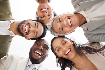Image showing Portrait, below and business group of people with smile for career teamwork, team building and collaboration. Happy diversity staff, face of employees or men and women in circle for professional work