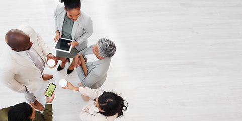 Image showing Phone, tablet and people planning above with sustainable business, eco friendly and green project with group mockup. Circle, employees and women and men, technology screen for sustainability ideas