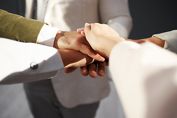 Image showing Business people, hands together and solidarity in team, collaboration and motivation in office. Support, employees in meeting and corporate group with teamwork, professional community and workforce