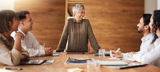 Image showing Senior woman, laughing or business people in meeting speaking, planning or sharing funny joke together. Group collaboration, diversity or happy designers with manager talking about ideas or strategy