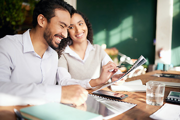 Image showing Collaboration, documents and strategy with a business team in the office, working together on a report. Teamwork, paper or planning with man and woman colleagues or employees at work on a proposal