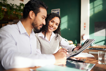 Image showing Collaboration portrait, documents and planning with a business team in office, working together on a report. Teamwork, paper or strategy with man and woman colleagues or employees on a work proposal