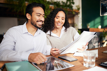 Image showing Collaboration, documents and meeting with a business team in the office and working together on a report. Teamwork, planning or strategy with man, woman and employee colleagues at work on a proposal