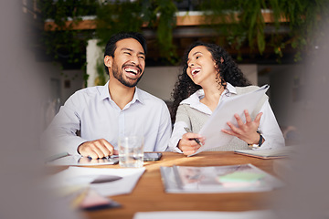 Image showing Collaboration, documents and laughing with a business team in the office and working together on a report. Teamwork, funny or strategy with man and happy woman colleagues or employees with paperwork