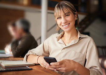 Image showing Portrait, business and woman with smartphone, typing and smile with connection, chatting and social media. Face, female or consultant with cellphone, mobile app or communication with device in office