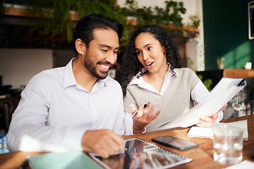 Image showing Teamwork, documents and planning with business colleagues in the office, working together on a report. Collaboration, paperwork or strategy with a man and woman employee team at work on a proposal