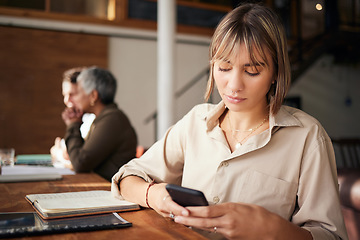 Image showing Business, employee and woman with smartphone, serious and connection for social media, texting and sms. Female, entrepreneur and consultant with cellphone, communication and mobile app in workplace