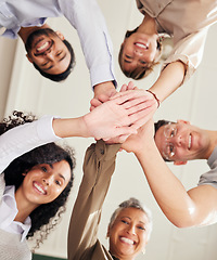 Image showing Teamwork, people portrait and hands together in support, collaboration or team building mission from below. Group, circle or business women and men, stacked hand sign and happy goals with diversity