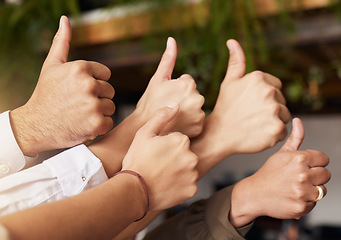 Image showing Thumbs up, winning and group of people thank you, support or teamwork hands for vote, yes or like emoji. Team building, target goals and winner women and men with business ok, success and thanks sign