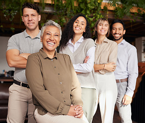 Image showing Happy, smile and portrait of business people in office with diversity, confidence and friendship. Happiness, team and multiracial group of professional employees standing with manager in workplace.