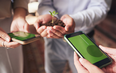 Image showing Phone, business growth and hands with green plant for sustainable mobile app, website or project startup. People, soil in palm and screen for contact us in eco friendly and sustainability investment