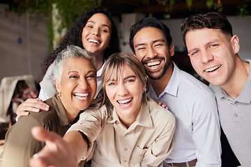 Image showing Selfie, friends and a business team in the office together, posing for a photograph while feeling happy. Portrait, social media and diversity with colleagues taking a profile picture photo at work