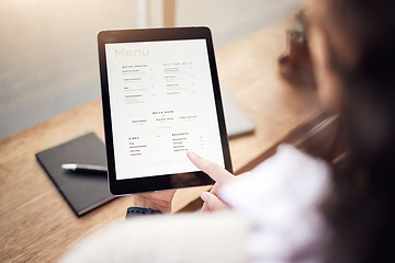 Image showing Above person, menu and tablet in cafe for ordering food, meal and lunch on technology. Closeup of restaurant customer, screen and digital options on app of choice, selection and online in coffee shop