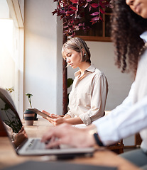 Image showing Coffee shop, remote work and people on computer, tablet and internet for online business, project planning and typing. Diversity customer or women coworking in cafe or cafeteria on laptop technology