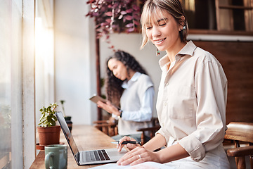 Image showing Cafe, remote work and women on laptop planning, typing and writing for online business, job or internet project. Happy customer or person coworking in coffee shop or cafeteria on computer research