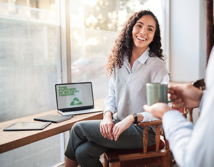 Image showing Coffee shop server, customer waiter and happy woman with hot chocolate, tea cup or morning hydration beverage. Breakfast restaurant service, cafe store laptop or eco friendly person work on recycling