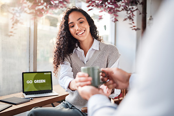 Image showing Service, remote work and a woman with a coffee from a waiter at a restaurant. Happy, cup and a worker giving a girl a warm beverage while working on a laptop at a cafe on a break in the morning